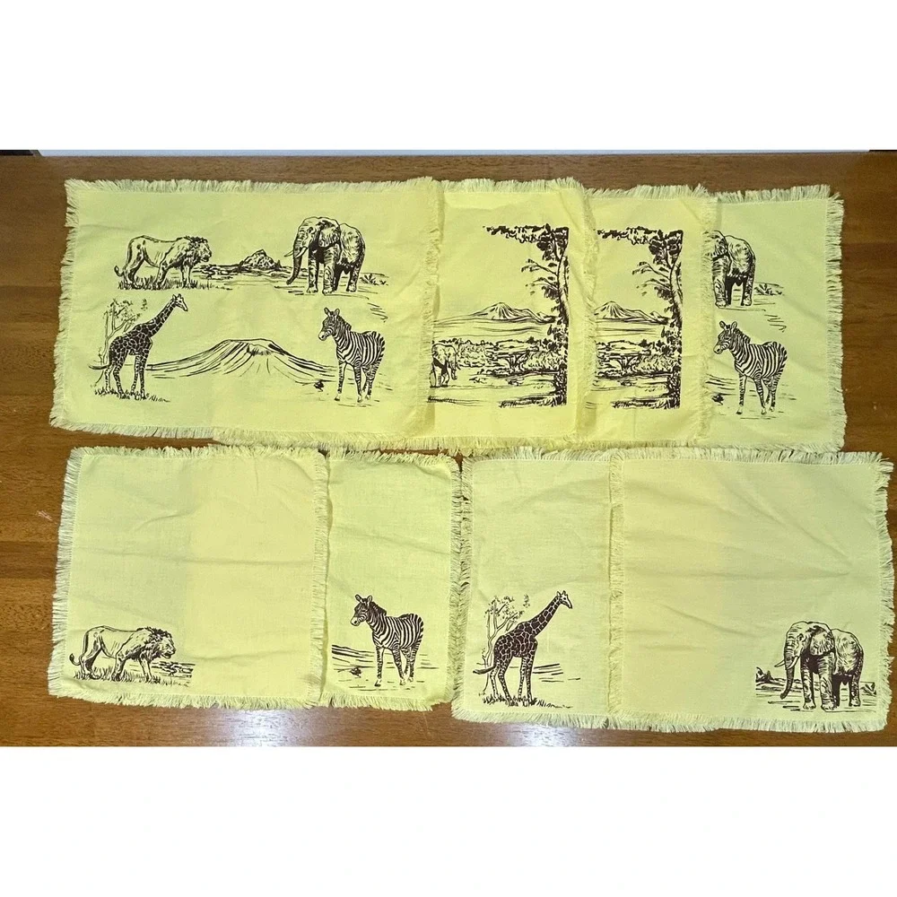 Safari Animal Placemat and Napkin Set 8pc Yellow Fringed Savanna Decor